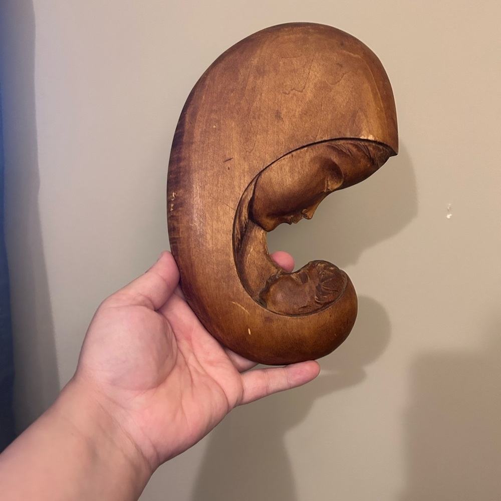 Vintage Fait a la Main Quebec Mother Child Handmade Wooden Plaque Albert Nadeau